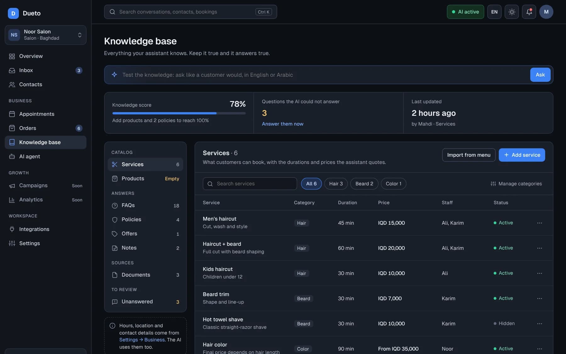 Dueto knowledge base with services and prices